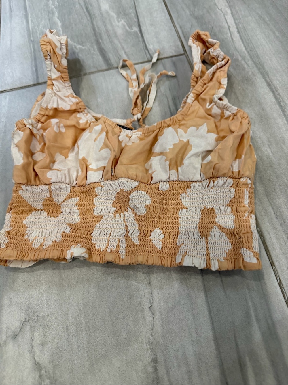 American Eagle Outfitters Cream Floral Smocked Crop Camisole - Tan